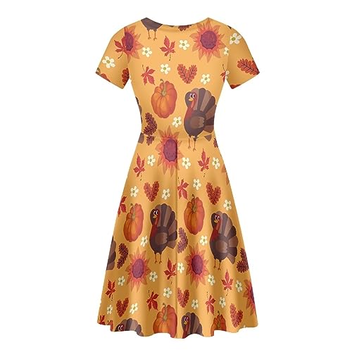 Image of POLERO Women Puffy Swing Elegant Party Midi Dresses Short Sleeve Round Neck A-Line Dress