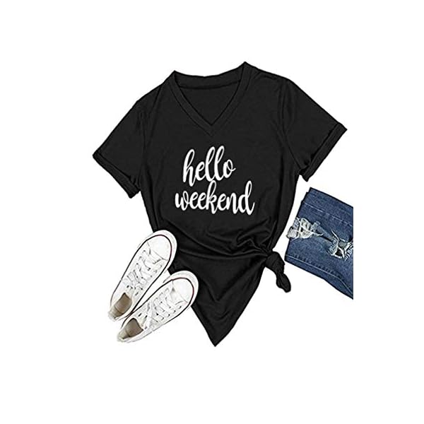 DANVOUY Women's V Neck T Shirt Letter Print Short Sleeve Graphic Tops Tees Black Small