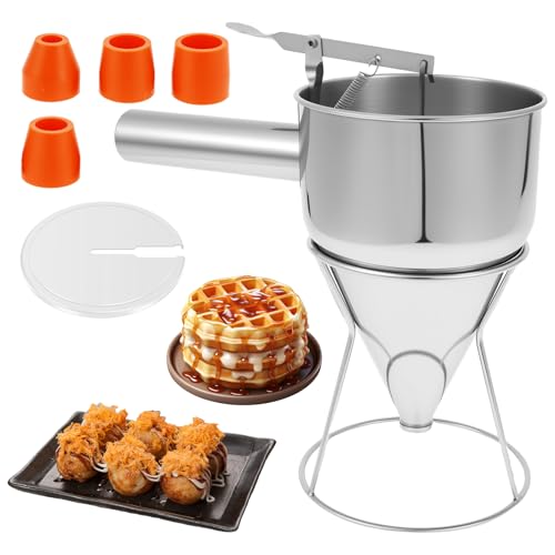 Pancake Batter Dispenser with 4 Nozzles 40oz/1.2L Stainless Steel Funnel Cake Dispenser with Stand & Handle, Pancake Mix Dispensers for Takoyaki Cupcake, Cupcakes, Funnel Cakes, Muffins