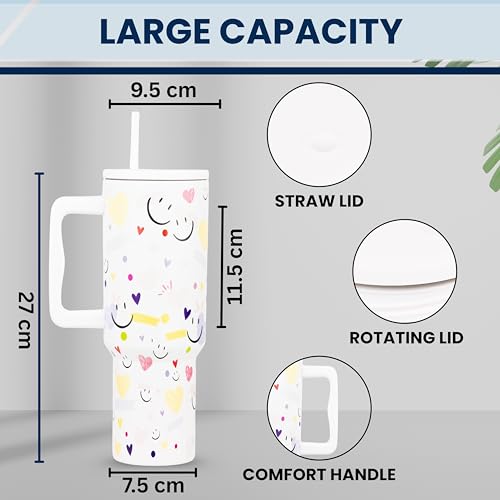 Image of CYNVEXA Tumbler with lid and Straw 1200ML Cup Stainless Steel Vacuum Insulated Tumbler for Water, Iced Tea or Coffee 1.2L Office Gym Travelling (Smileys COCOUNUT Cloud)