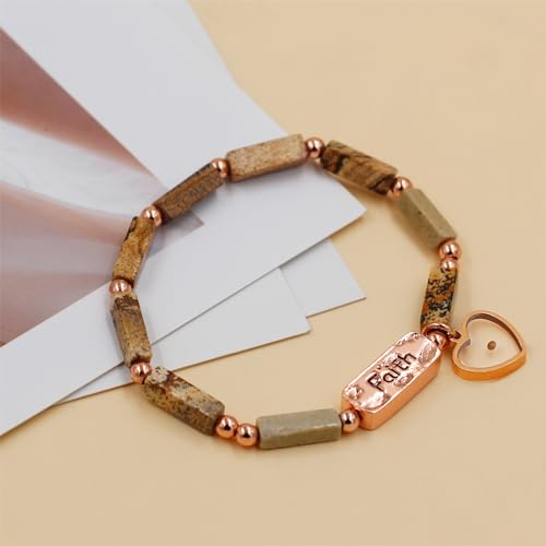 Image of Elastic Faith Bracelet for Women, Adjustable 7 inch Natural Stone Bracelet with Heart Mustard Seed Charm, Spiritual Christian Jewelry for Baptism, Graduation, Religious Celebration YA4856