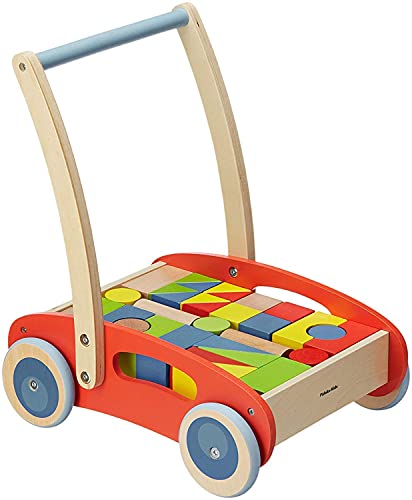 Pidoko Kids Block and Roll Cart - Wooden Push and Pull Toy Activity Baby Walker, Red - Toddler Learning Toys for 1 Year Old, with Blocks (33 Pcs)