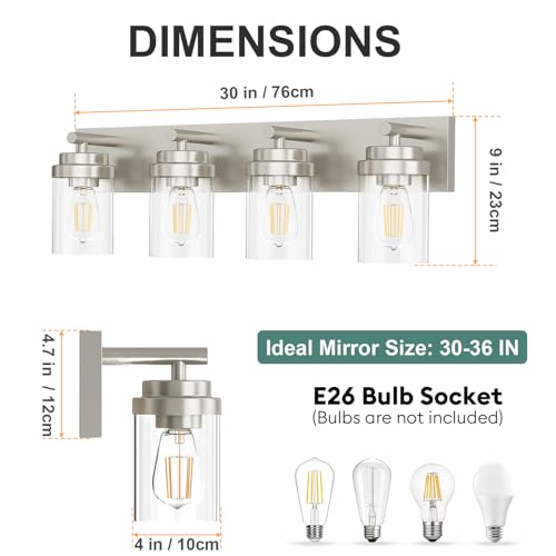 Image of IZORRO Bathroom Vanity Light Fixture, 4-Light 30 Inch Brushed Nickel Bathroom Light Fixtures Over Mirror, with Clear Glass Shade, Modern Farmhouse Vanity Lights, Rustic Restroom Lighting Fixtures