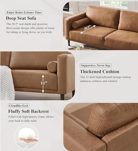 Image of HIFIT 79'' Mid Century Modern Faux Leather Couch Set for Living Room, Brown | 3 Seater Sofa Set, Deep Seat, Plush Cushion, Performance Pocket Spring, 2 Pillows, 800lb Capacity Home Sofa for Office, Brown