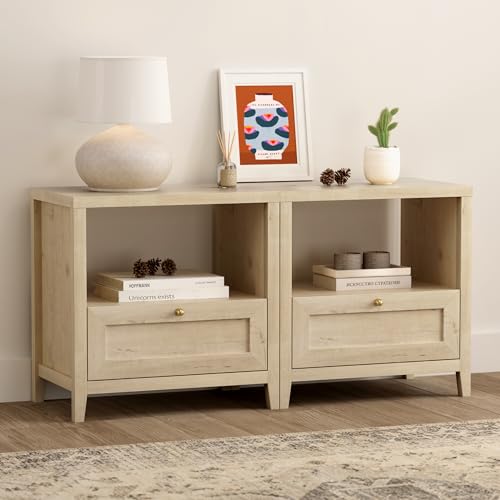 Image of EYYTHUNG Wooden Nightstands with Drawer Modern 24 inch Wide End Table Night Stand Large Farmhouse Bedside Table with Open Shelf Mid Century Night Stands for Sofa, Light Oak