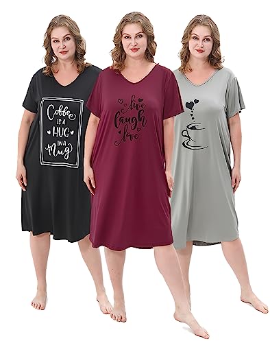 3 Pack Plus Size Women's Nightgown Soft Print Nightshirts for Women Short Sleeve Sleepwear2