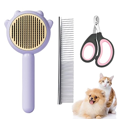 Image of Pet Hair Cleaner Brush Cat Grooming Brush Cat Nail Clipper Release Button Cat Comb wololith Stainless Steel Teeth for Shedding Hair Cats Dogs Massage Brushes (Purple)