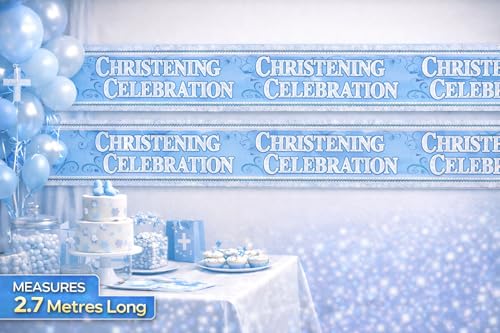 Boys Christening Party Banner Blue Extra Wide Giant Holographic Foil Garland | Religious Church Décor | Sparkly Shiny Recyclable Eco Friendly Decoration