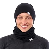 100% Merino Wool Beanie Neck Gaiter Combo, Unisex 17.5um Scull Cap 4 Season (Black)