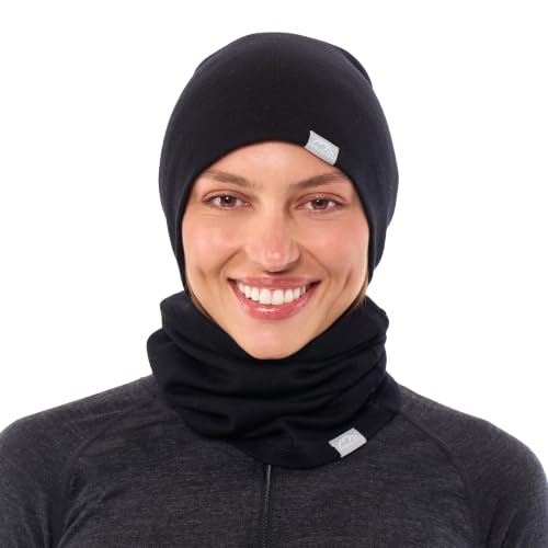 100% Merino Wool Beanie Neck Gaiter Combo, Unisex 17.5um 4 Season Soft Hat (Black)