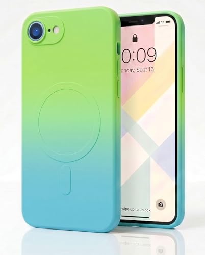 Image of amazon basics Gradient Mag-Safe Case for iPhone 16E | Soft Silicone Shockproof Cover with Camera Protection | Slim Lightweight Design | Smooth Touch & Durable - Green & Blue