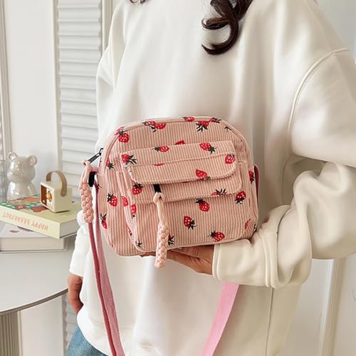 Bolso rosa para mujer tipo tote de pana con diseño de fresa miniatura 5