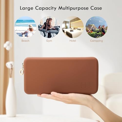 Image of INOVERA (LABEL) Makeup Brush Holder Pouch Case for Travel - Silicone Cosmetic Brushes Kit - Travelling Make up Organizer Bag (Dark Brown)