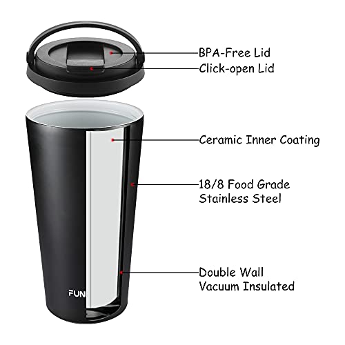 Funkrin Insulated Travel Coffee Mug With Ceramic Coating, Personalized Gifts For Men Women, 16Oz Stainless Steel Tumbler With Flip Lid Portable Handle, Double Wall Leak-Proof Thermos Mug #TOP5