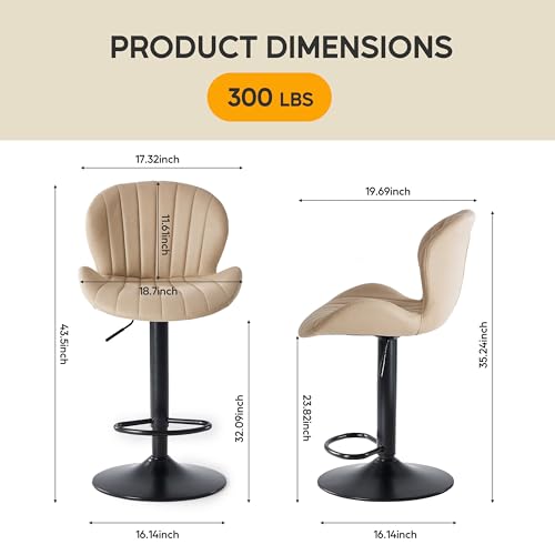 Image of HealSmart Bar Stools Set of 2, Adjustable Counter Height Swivel Stools, Modern Fabric Upholstered Bar Chairs with Backrest for Kitchen Island, Home Bar & Dining Area, Beige