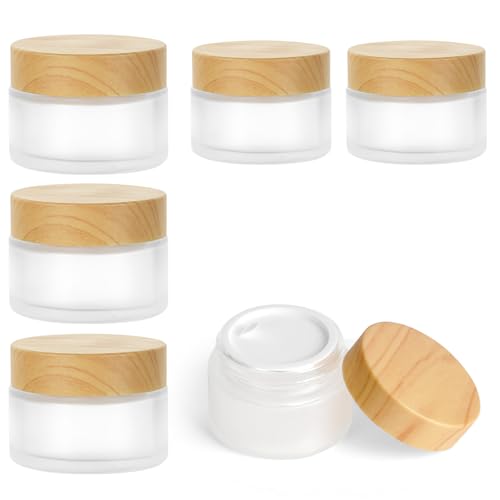 HOTUT Paquete de 6 tarros de vidrio, recipientes vacíos de loción cosmética de 30 ml/20 ml con tapa de rosca y forros, botella de muestra vacía esmerilada recargable para polvo, loción y crema