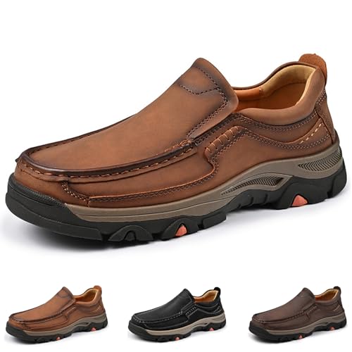 Men Non Slip Hiking Shoes, Waterproof Leather Loafers, Casual Lightweight Slip on Walking Sneakers, for Walking Trekking Outdoor