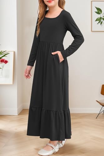 YOVION Girls Maxi Dress Fall Long Sleeve Square Neck Tiered Flowy Casual Holiday Dresses with Pockets for 6-12 Y3
