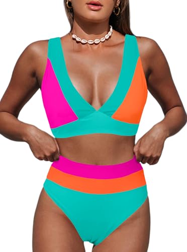 Image of Hilinker Women High Waisted Bikini Sets Tummy Control Swimsuits V Neck 2 Piece Bathing Suits Green Pink Orange B Small