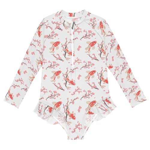 Koi Fish Pink Cherry Blossom Girls Long Sleeve Rashguard Swimsuit UV Protection One-Piece Swimwear B0405072