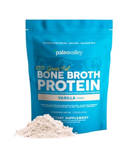 Paleovalley 100% Grass Fed Beef Bone Broth Protein Powder - Rich in Collagen Peptides for Hair, Skin, Gut Health, Bone and Joint Support - 13g Protein Per Serving - No Gluten or GMOs - Vanilla