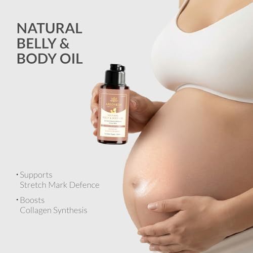 Image of AreoVeda Natural Belly & Body Oil | Suitable for Stretch marks | Boosts Elasticity & Skin Firmness | With Almond Oil, Shatavari & Coffee | Relieves Stress | Pregnancy & Breastfeeding Safe| 50ml