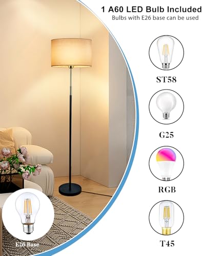 Image of Lightdot 60IN LED Floor Lamp for Living Room, Mid Century Floor Lamps with 2 Color(Off-White, Red-Brown) Fabric Shades, Industrial Floor Lamps, Standing Tall Lamp for Bedroom, Home Office-Black