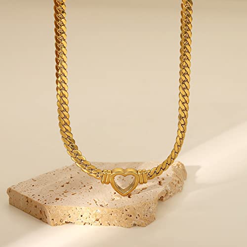 Loqimu Flat Cuban Link Chunky Chain Necklace Gold Stainless Steel Hollow Heart Charms Choker Clavicle Jewelry for Women Teen Girls 5
