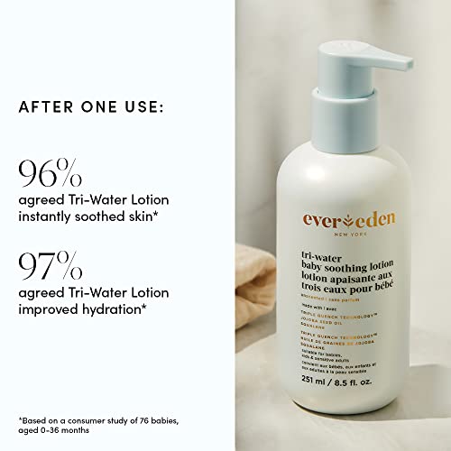 Image of Evereden Tri-Water Baby Lotion, Fragrance-Free, EWG Verified, 8.5 fl oz | Fragrance-Free Baby Lotion, EWG Verified, Lightweight Formula, Clean & Vegan Baby Care for Daily Use, Long-Lasting Moisture