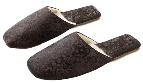 Epsion Floral Silk Embroidered Slippers for Women Retro Brocade Upper Fuzzy Lining Anti-Slip House Shoes