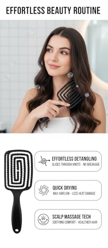 Image of Curved Vent Brush and Hair Detangle, Professional Styling Hair Brush for Men Women, Vented for Faster Blow Drying .Detangle Brush Suitable for Long Thick Curly Straight Dry Wet Hair, (BLACK) (Square)