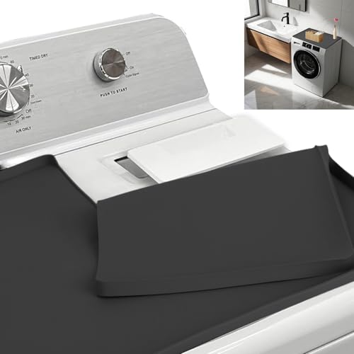 BestYiJo Dryer Top Protector Mat, with Lint Trap Hole Cut Out Set, Non-Slip Waterproof Durable Silicone Laundry Cover, 26“ x 18” fits most dryers (Black)