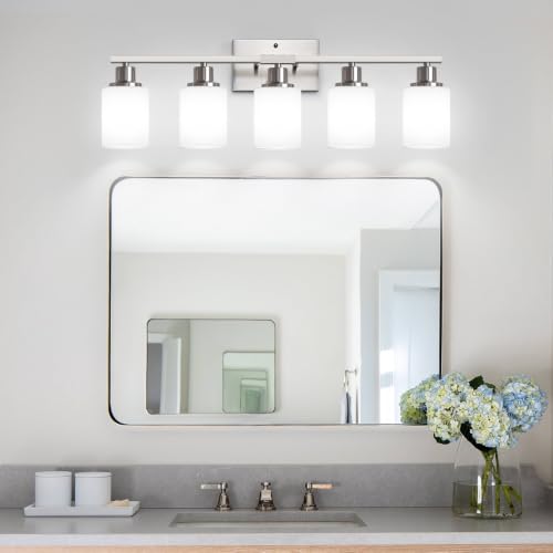 Image of MOKATNG 5-Light Vanity Light with Milky White Shades, Brushed Nickle Bathroom Lighting Fixtures Over Mirror, Modern Bathroom Wall Lamp for Mirror Living Room Cabinet Bedroom