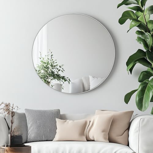 Image of Oruii Silver Round Mirror, Round Mirror 24 inch Brushed Nickel, Circle Wall Mirrors Metal Frame, Silver Circular Mirrors for Bathroom, Wall, Living Room, Entryway, Hallway, Vanity, Rustic