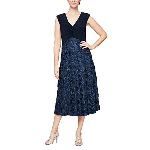 Image of Alex Evenings Women's Tea Length Dress with Rosette Detail
