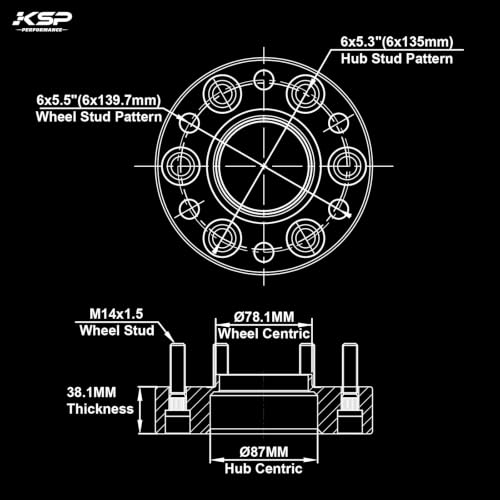 Image of KSP 6X135 to 6x5.5 Wheel Adapters, Change Bolt Pattern Conversation Spacer fit Silverado Ram Wheel Install on F150 Vehicle with 87.1mm Hub Bore, Front and back are widen by 3in (each 1.5 inch)14x1.5 Stud