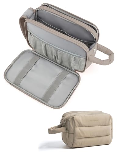 BAGSMART Travel Toiletry Bag for Women, Puffy Cosmetic Makeup Bag Organizer, Large Wide-open Travel Organizer for Toiletries, Dopp Kit Water-resistant Makeup Case for Accessories-Camel