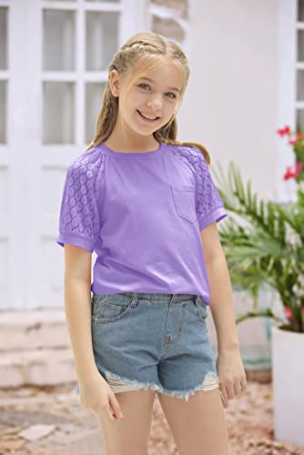 Image of Girls Summer Short Sleeve Shirts Lace Casual Cute Crew Neck Solid Color Blouses Tops Sizes 6-15 Years