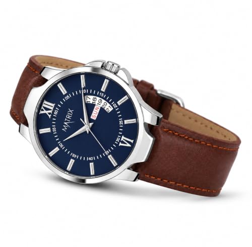 Matrix Antique Day & Date Leather Strap Analog Watch - Blue - Brown - Image 2