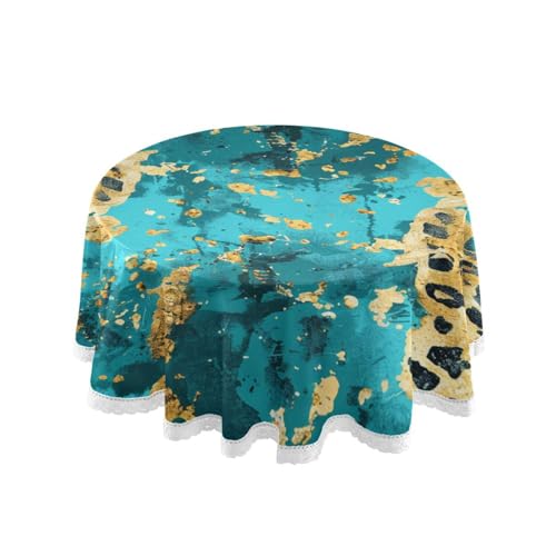 Nappe ronde imprimé léopard bleu doré 152 cm lavable avec dentelle