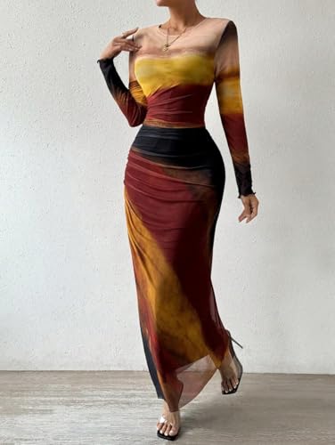 Image of LIGHT DOT Women's Printed Bodycon Maxi Dress Long Sleeve Tie Dye Mesh Ruched Cocktail Dress