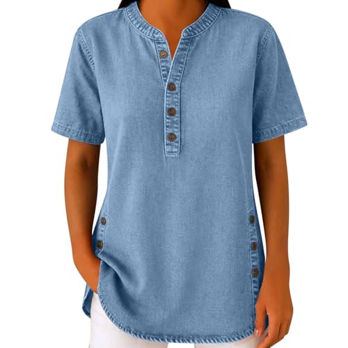 Womens Denim Tunic Shirts Button Up V Neck Short Sleeve Blouses Side Split Button Casual Pullover Tunics Loose Tops