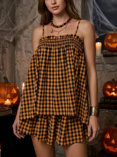 Image of Women Gingham Pajama Set Striped 2 Piece Shorts Matching Lounge Set Outfits