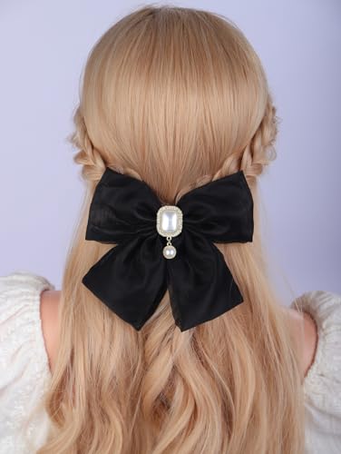 Pinza para el cabello Jumwrit negra grande en forma de moño de gasa con perlas y piedras para mujeres y niñas miniatura 1