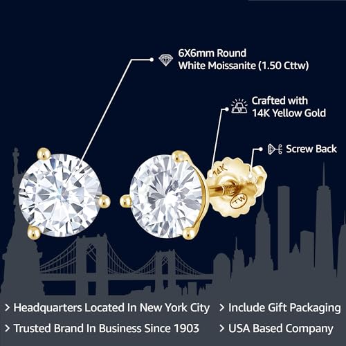 Gem Stone King Solid 14K Gold Round Moissanite Martini 3 Prong Secure Screw-Backs Stud Earrings For Women Men | 1.50 Cttw | Round 6MM2