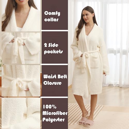 busy koala Soft Plush Hooded Robe, Cozy Warm Loungewear Bathrobe with Pockets for Women (Cream-hoodless) — view 2