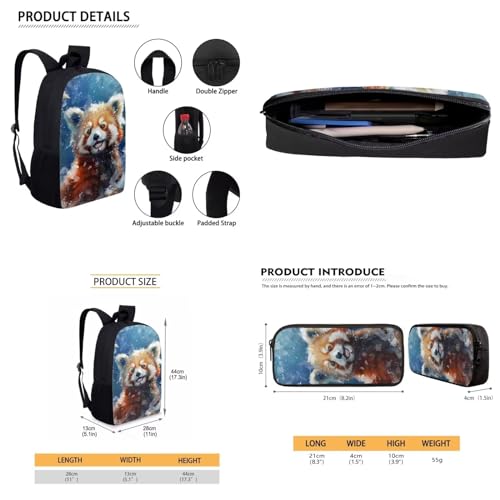 3 Pack Kids School Backpack Set, Red Panda Large Backpack for Boys Girls, Animal Print Insulated Kids Lunch Bag with Strap Handle, Cute Kawaii Pencil Case for School, Blue and Brown3