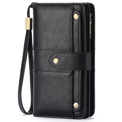 FALAN MULE Womens Leather Wallet Large Capacity Bifold RFID Blocking Card Holder with Zipper Coin Pocket