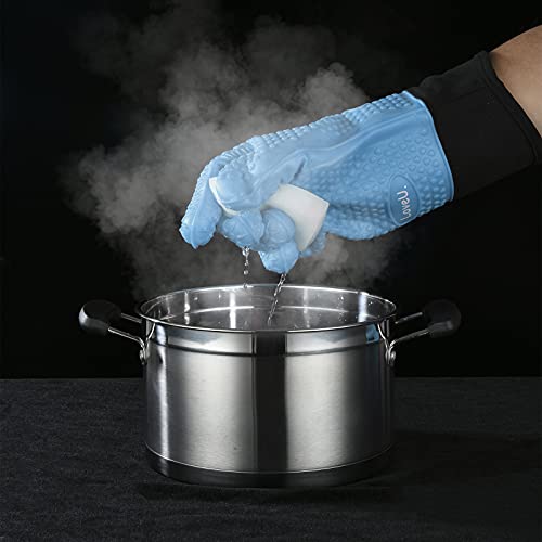 Image of Kitchen Oven Gloves - Dual-Layer Heat Resistant Grilling Gloves, Silicone Oven Mitts with 5 Fingers, Waterproof Non-Slip Pot Holder for Barbecue, Cooking, Baking (Blue, Long)