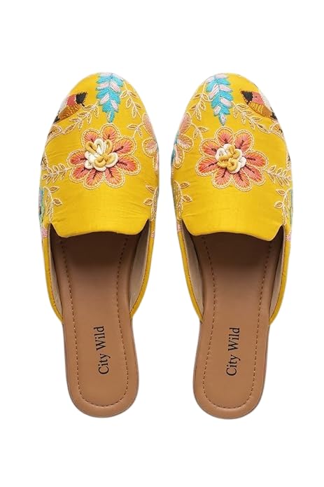Women Handmade Slippers | Soft & Comfortable Leather Mogra - Yellow Flat Mule | Casual Shoes for Indoor/Outdoor-image-11